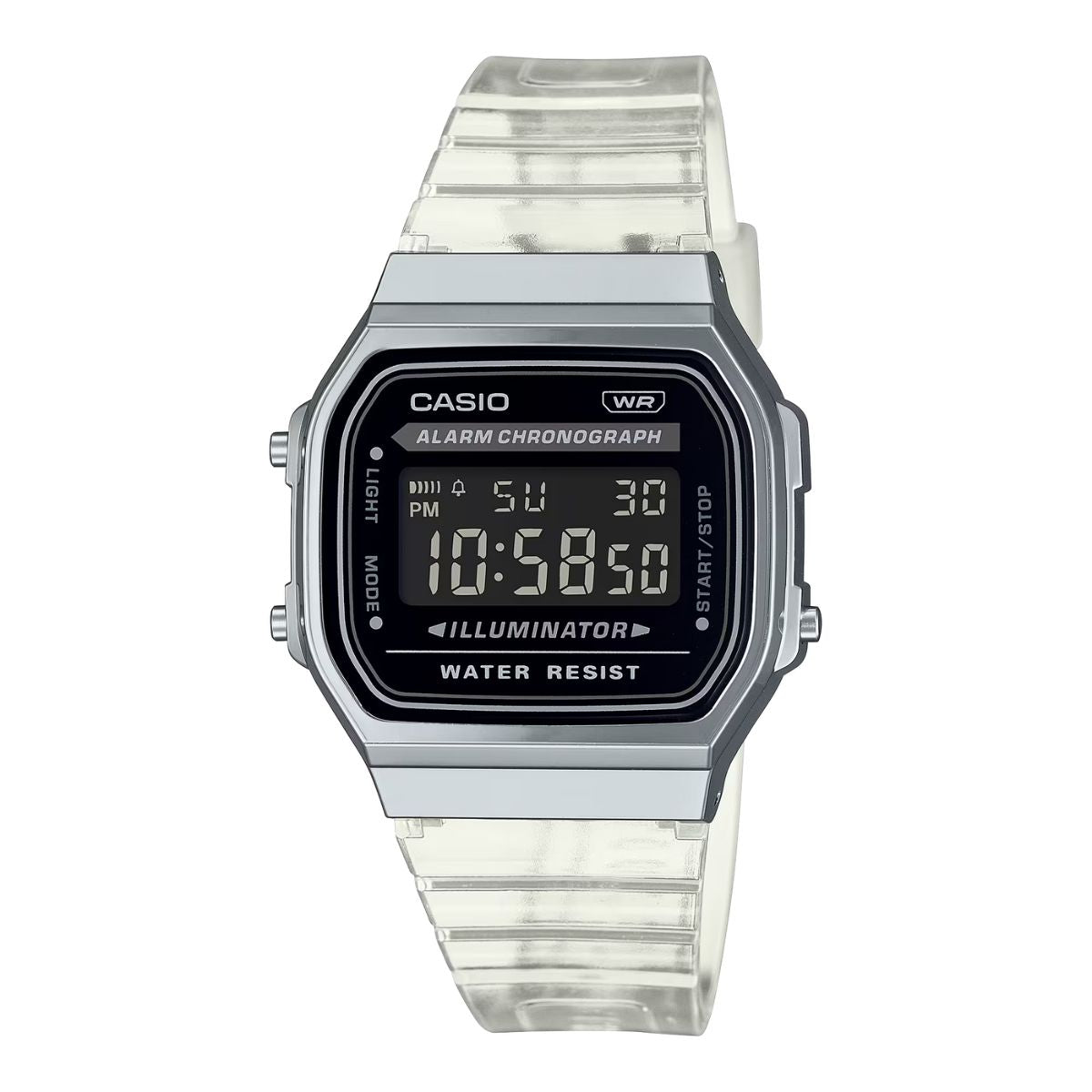A168XES-1BDF CASIO vintage watch, transparent strap watch