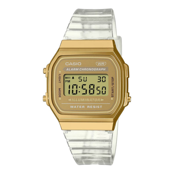 A168XESG-9A CASIO vintage watch, transparent strap watch