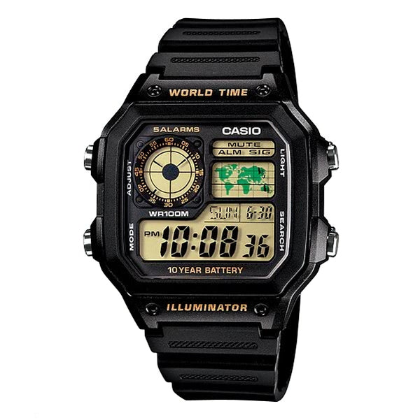 CASIO illuminator, world timer, 5 alarm watch with 10 years battery