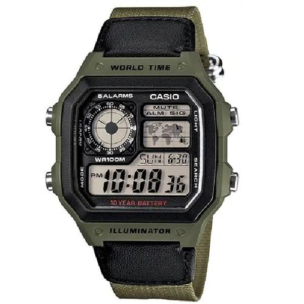 CASIO illuminator, World timer, nylon strap watch with water resistance and 10 years battery