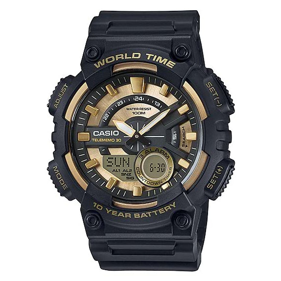 AEQ-110BW-9AV, Big gold dial mens analog and digital watch as 50mm dial size, 28.6mm stainless steel strap, 15mm thickness, weight  52g  and 100M water resistance. warranty by CASIO Qatar