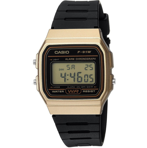 uthentic CASIO  F91WM-9ACF Water Resistance Women's Watch, Model Year 2017, Item Shape Rectangle, Mineral Display, Type Digital Clasp, Case diameter 33mm, Case Thickness 8mm, Band Material Resin Band length 8.75 inches. Band Color Black Dial color Gold,  Bezel Plastic Bezel function, and Movement Quartz.