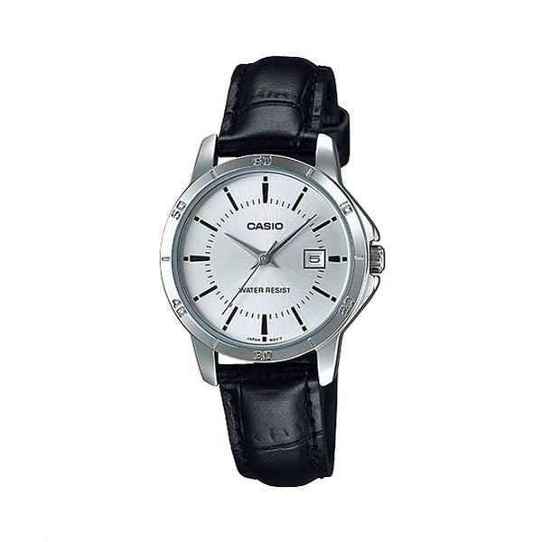 Original CASIO LTP-V004L-7A women's watch, black leather, white dial watch