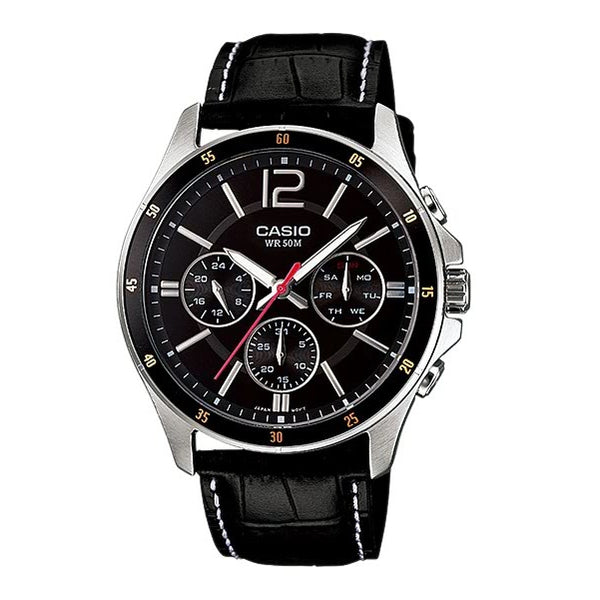 Authentic CASIO mens watch, CASIO chronograph watch, genuine leather watch